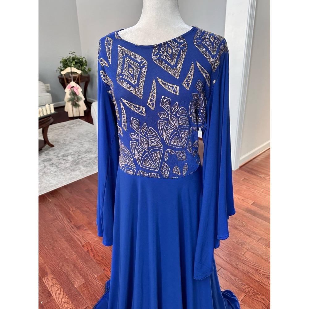 Handmade Bell Sleeve Blue Gold Glitter Unique Pattern Formal Gown Dress - Picture 8 of 12